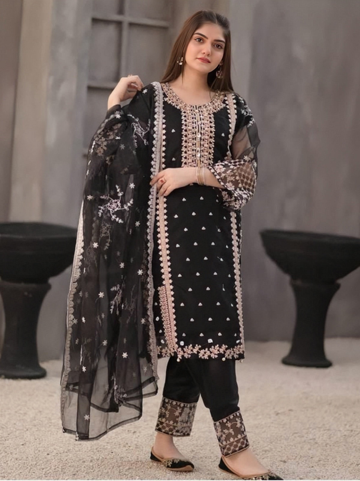 Fancy Organza 3-Piece Embroidered Dress